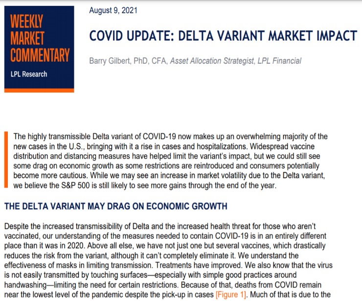 COVID Update: Delta Variant Market Impact | Weekly Market Commentary | August 9, 2021